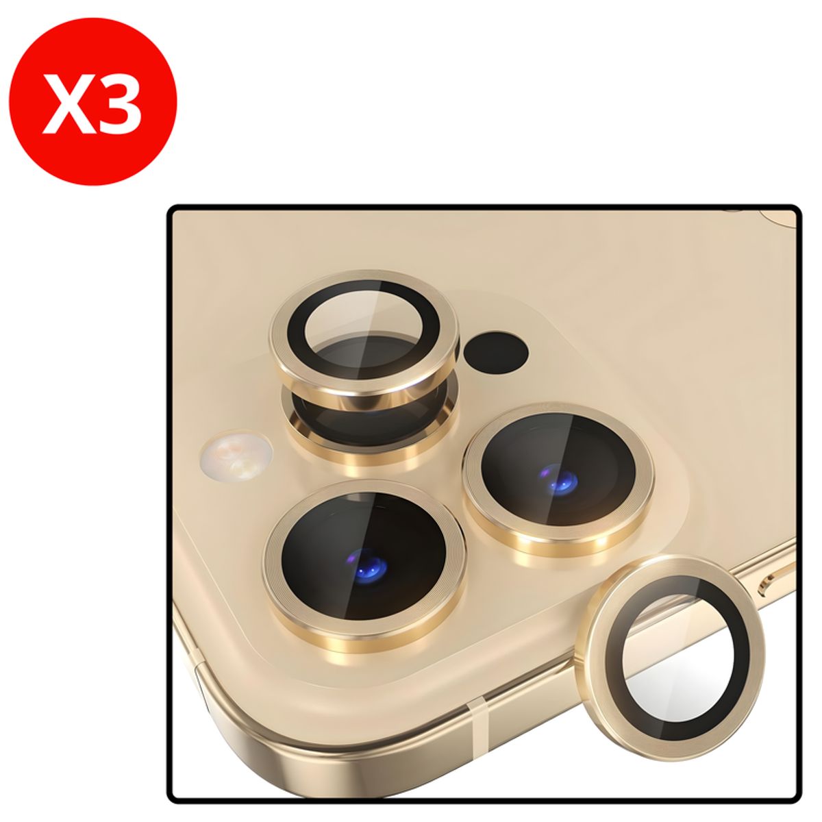 SHIELD - Pack x3 Mica Protector de Cámara Individuales Metálico Dorado para iPhone 14 Plus