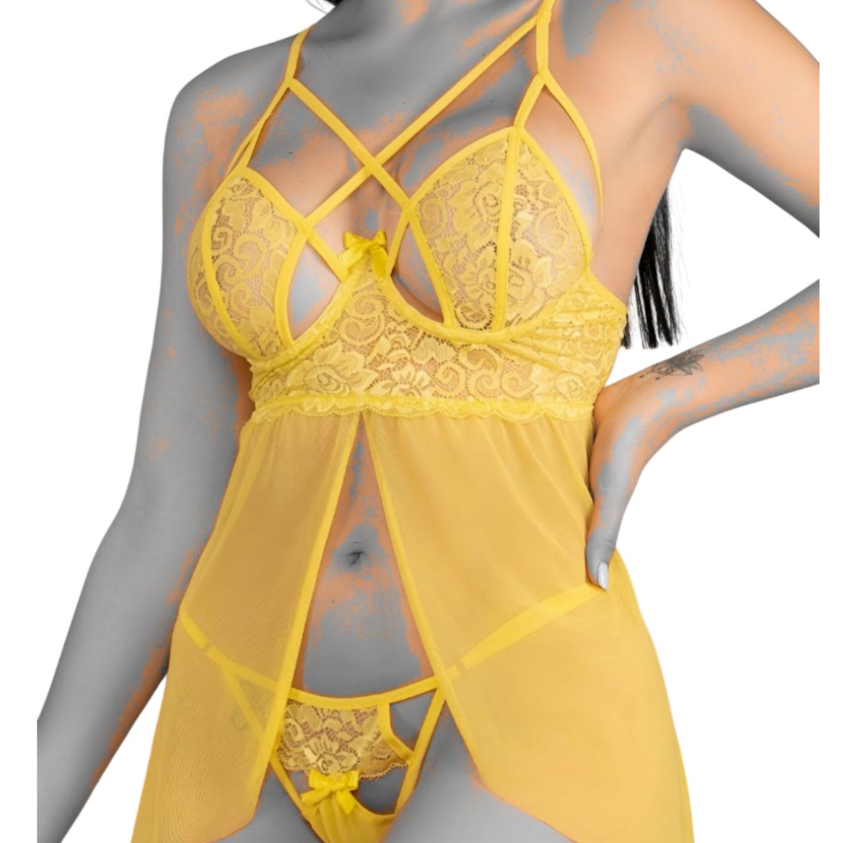 GENERICO - BABYDOLL LENCERIA  AMARILLO DE ENCAJE SEXY NAVIDAD