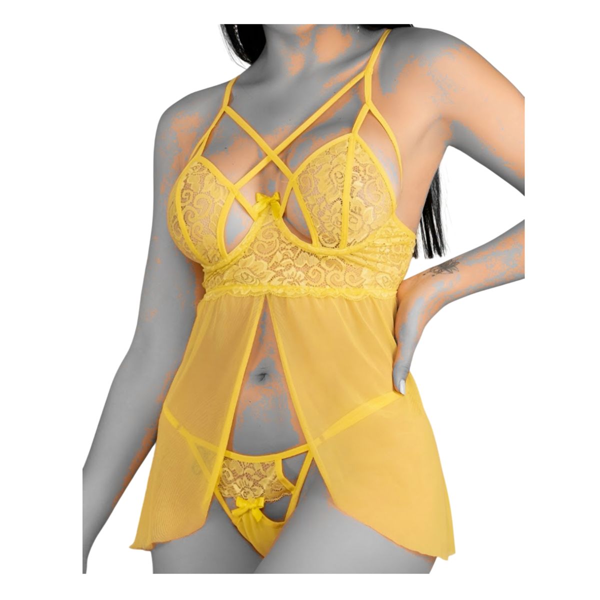 GENERICO - BABYDOLL LENCERIA  AMARILLO DE ENCAJE SEXY NAVIDAD