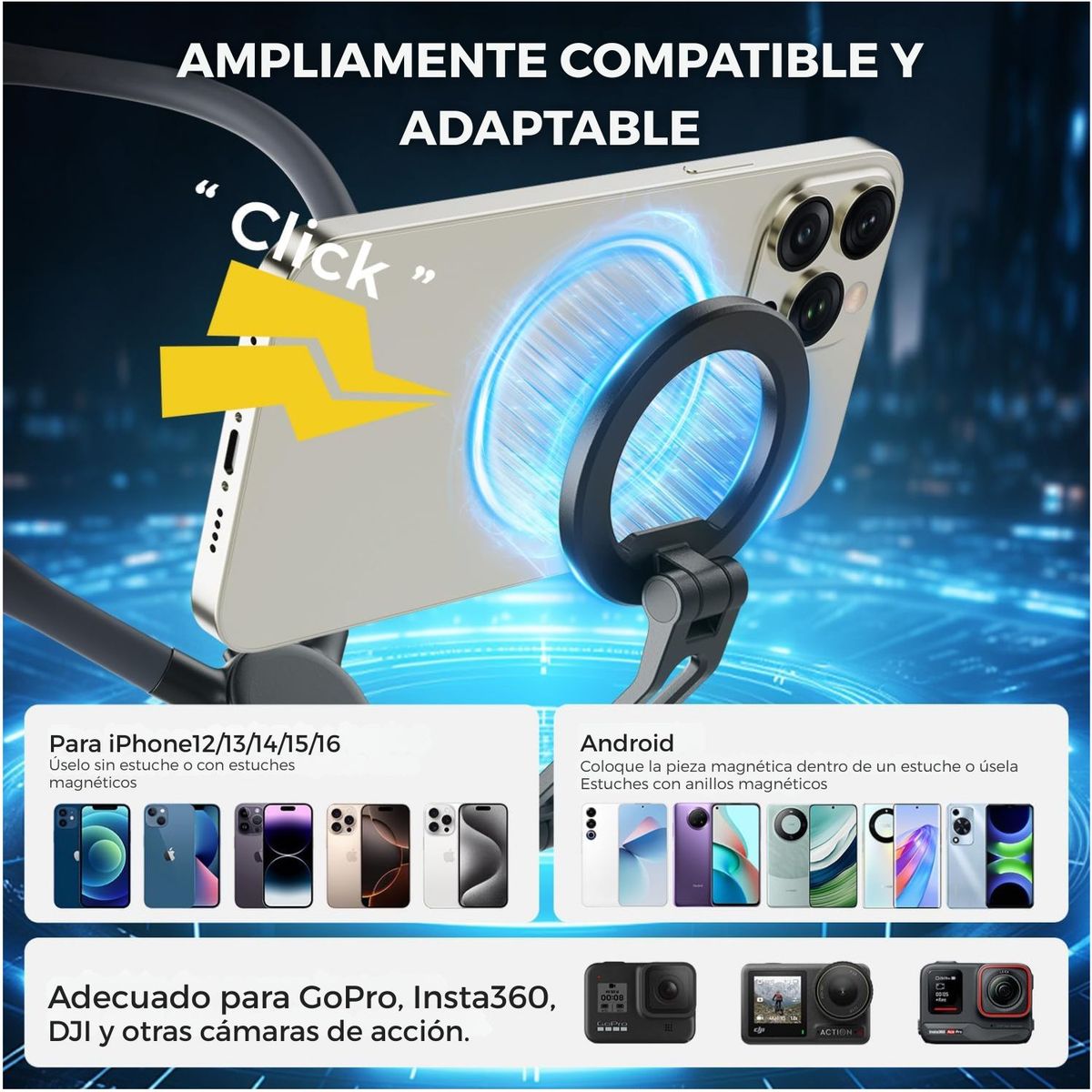 OEM - Soporte Magnético de Cuello Manos Libres POV para Celular y GoPro con Correa Antivibración