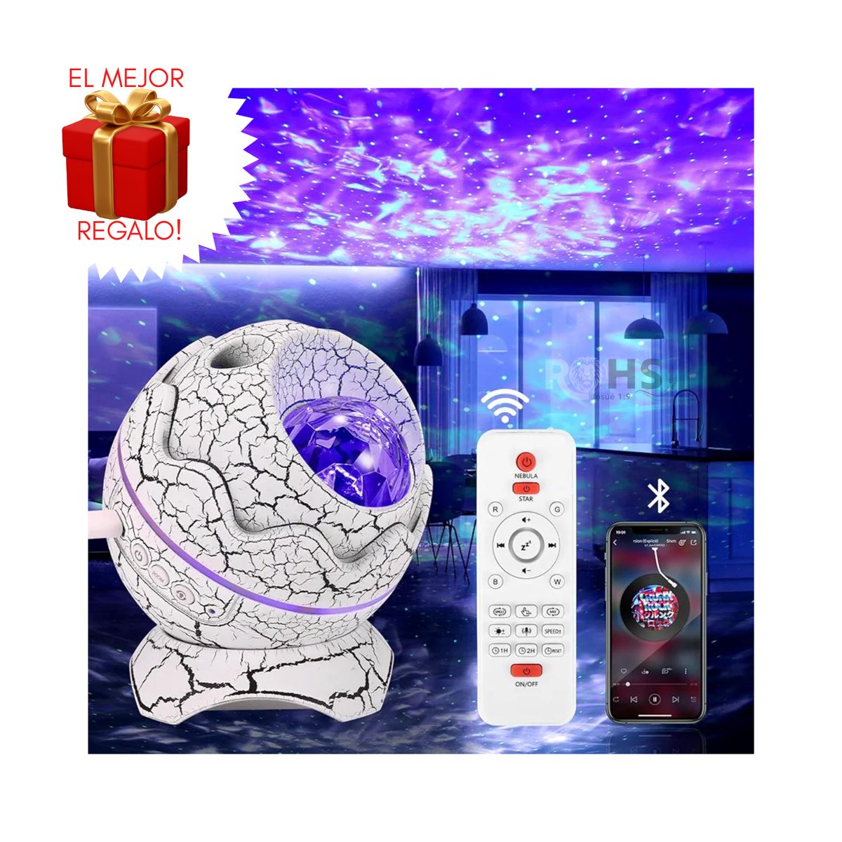 ROHS - Proyector Galaxy de Cielo Estrellado Modelo Huevo de Dinosaurio con Bloutooth
