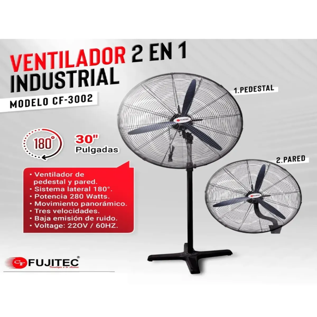 Ventilador Industrial Fujitec CF-3002 de 30" 2 en 1 280W - Negro, marca FUJITEC - Foto Principal