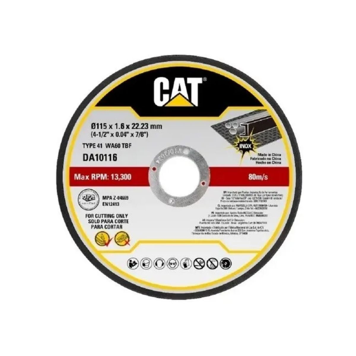 CAT - DISCO DE CORTE METAL INOX Pack 10, 4 1/2" x 1.6mm DA10116 CAT