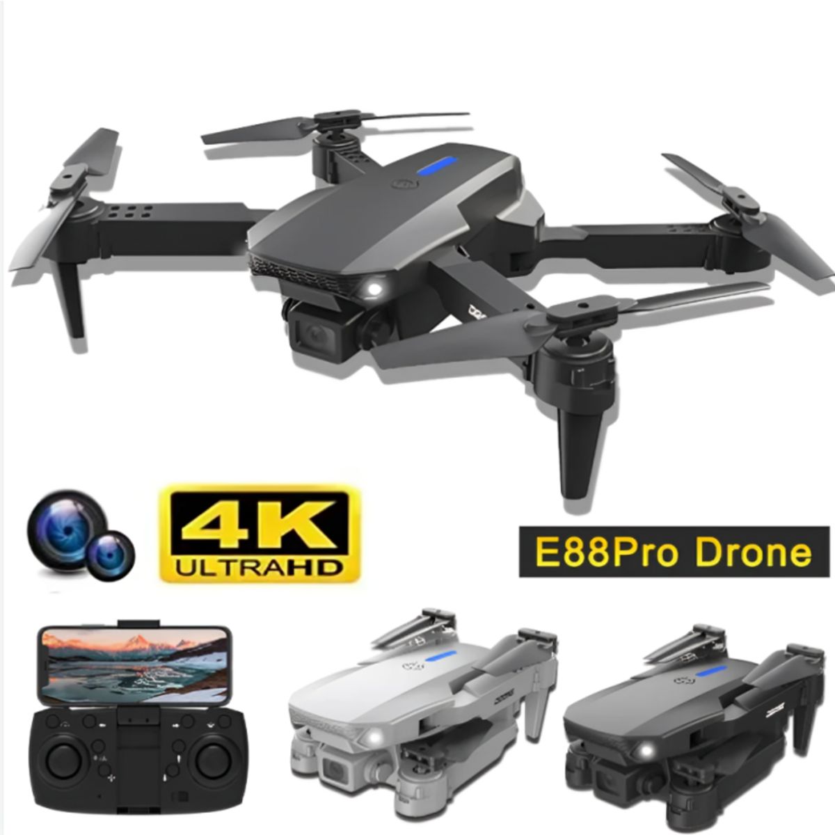 GENERICO - DRONE E88 PRO HD 4K dual camera plegable con soporte para celular