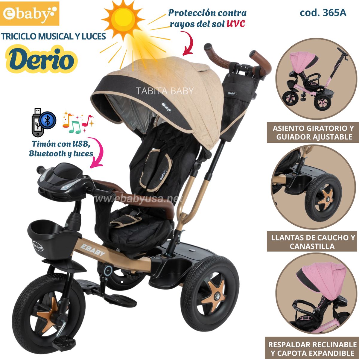 EBABY - Triciclo para niños con Capota anti Rayos UVC Derio Beige