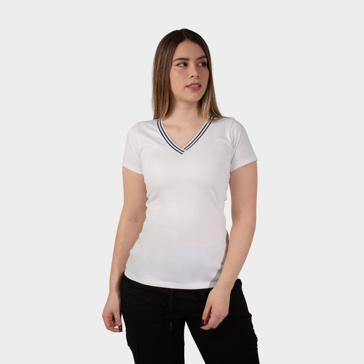 PAPIROS DENIM - Polo Mujer Cuello V con Ribete Contrastante 100% Algodón Papiros Denim
