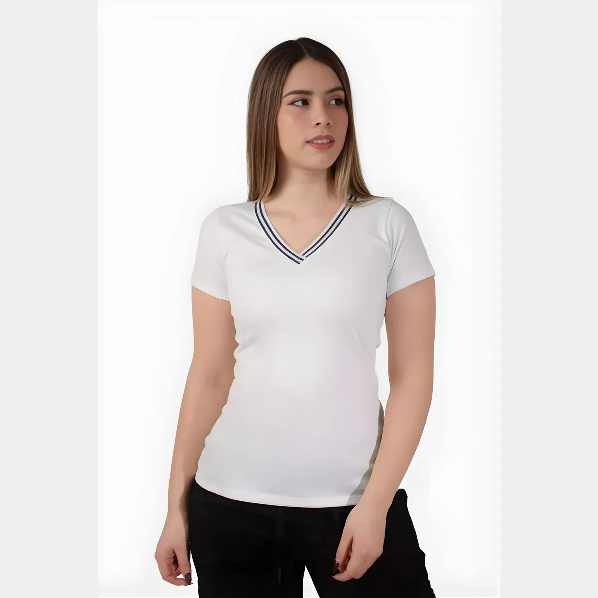 PAPIROS DENIM - Polo Mujer Cuello V con Ribete Contrastante 100% Algodón Papiros Denim