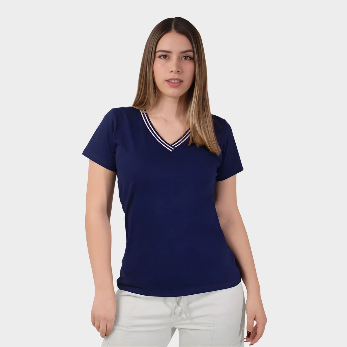 PAPIROS DENIM - Polo Cuello V para Mujer Papiros Denim Algodón Jersey con Ribete Contrastante