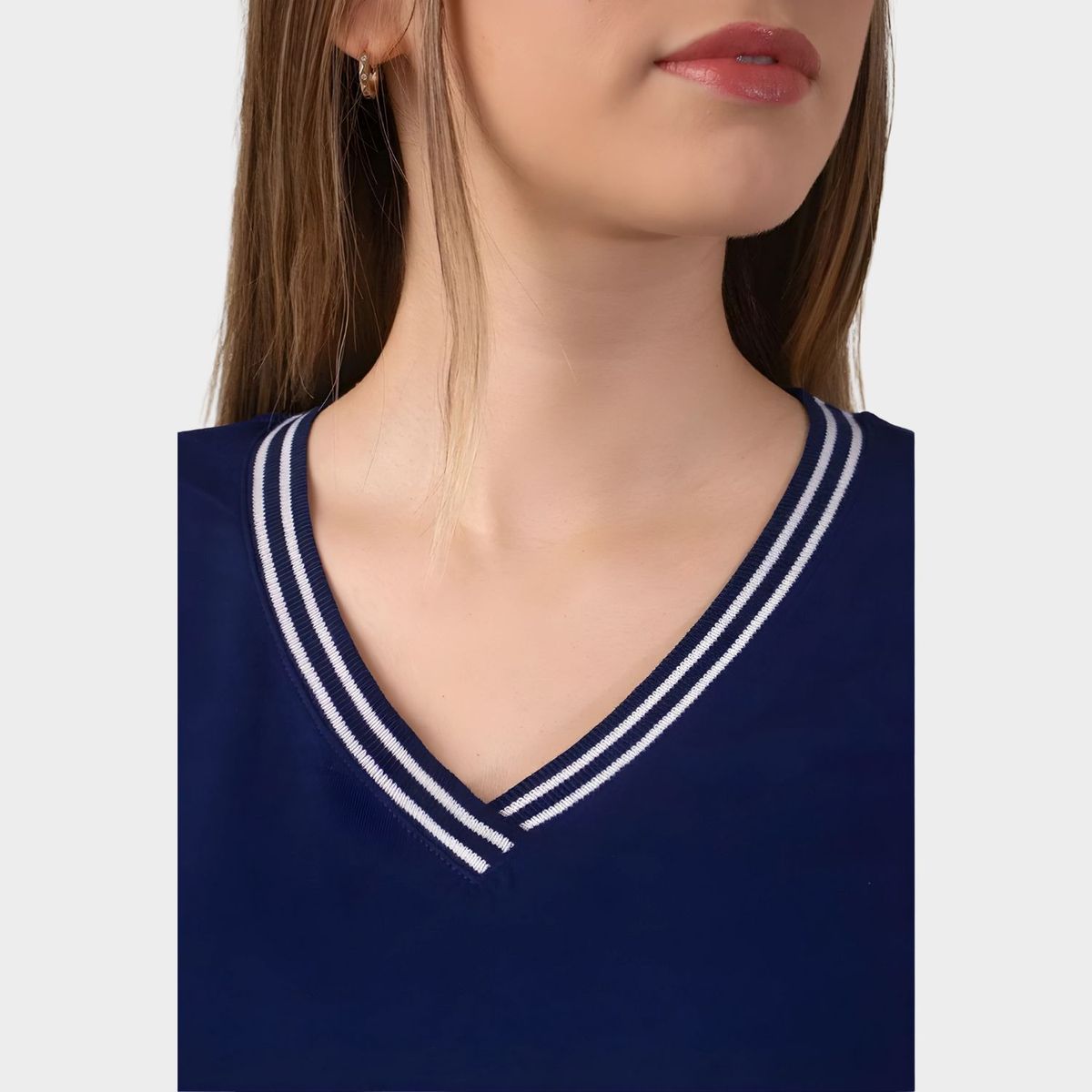 PAPIROS DENIM - Polo Cuello V para Mujer Papiros Denim Algodón Jersey con Ribete Contrastante