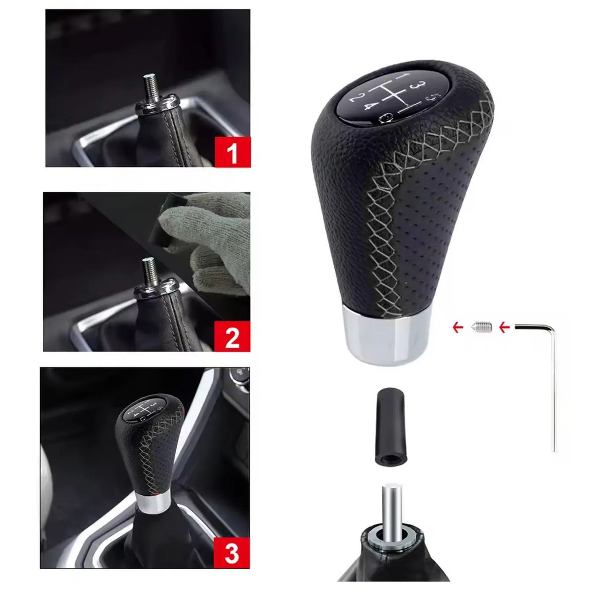 GENERICO - Perilla de Cambio 5 Velocidades Cuero Hilo Gris - Universal