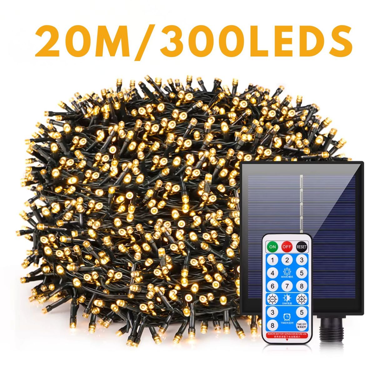 ARTEZA - Pack 2 Rollos Luces Solares Navideñas 20m 300 LED Ambar con Modos y Encendido Automático