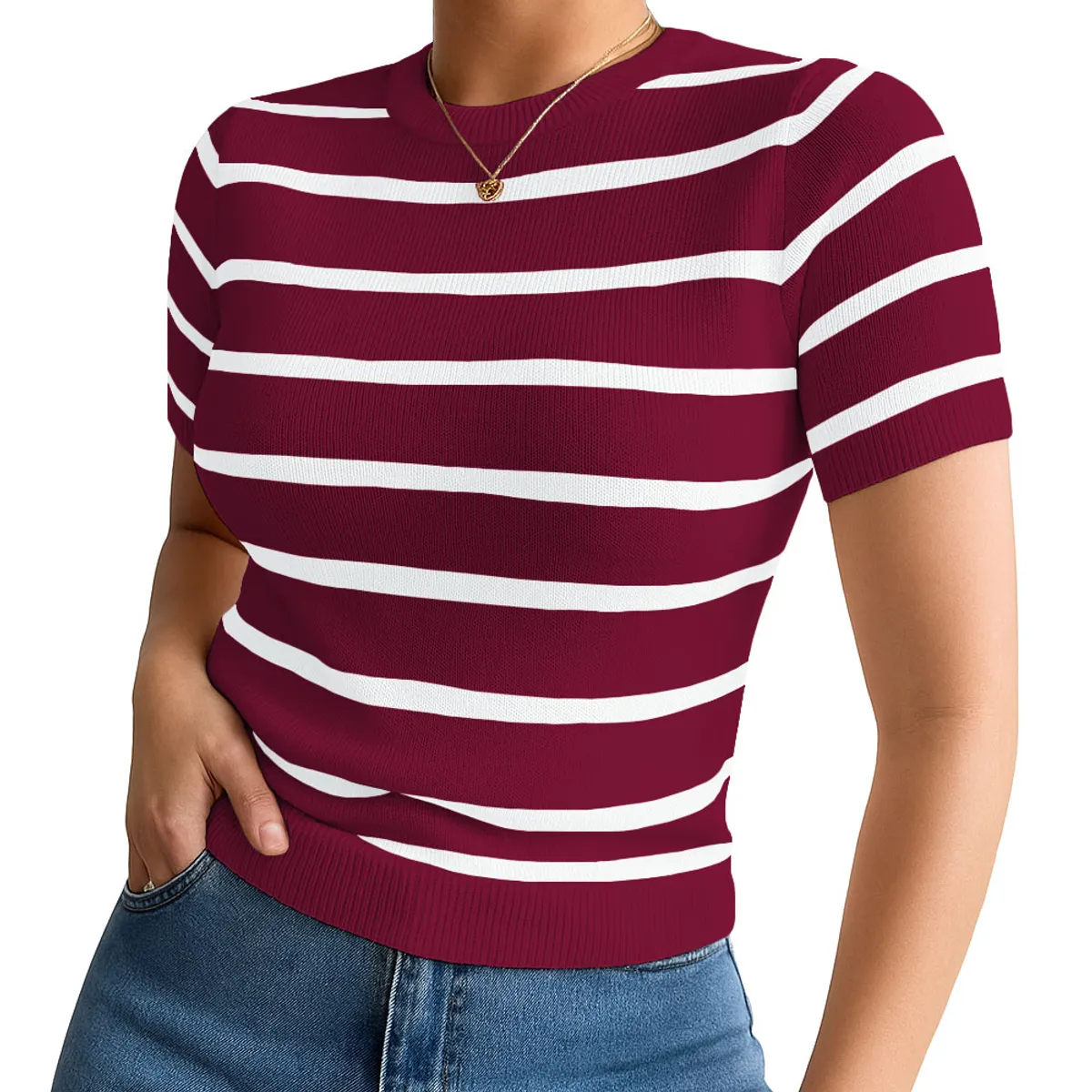 GENERICO - Polo Mujer 359G Ross-17 Polo Rayas Gruesas Manga Corta Hilo Tacto Color Vino