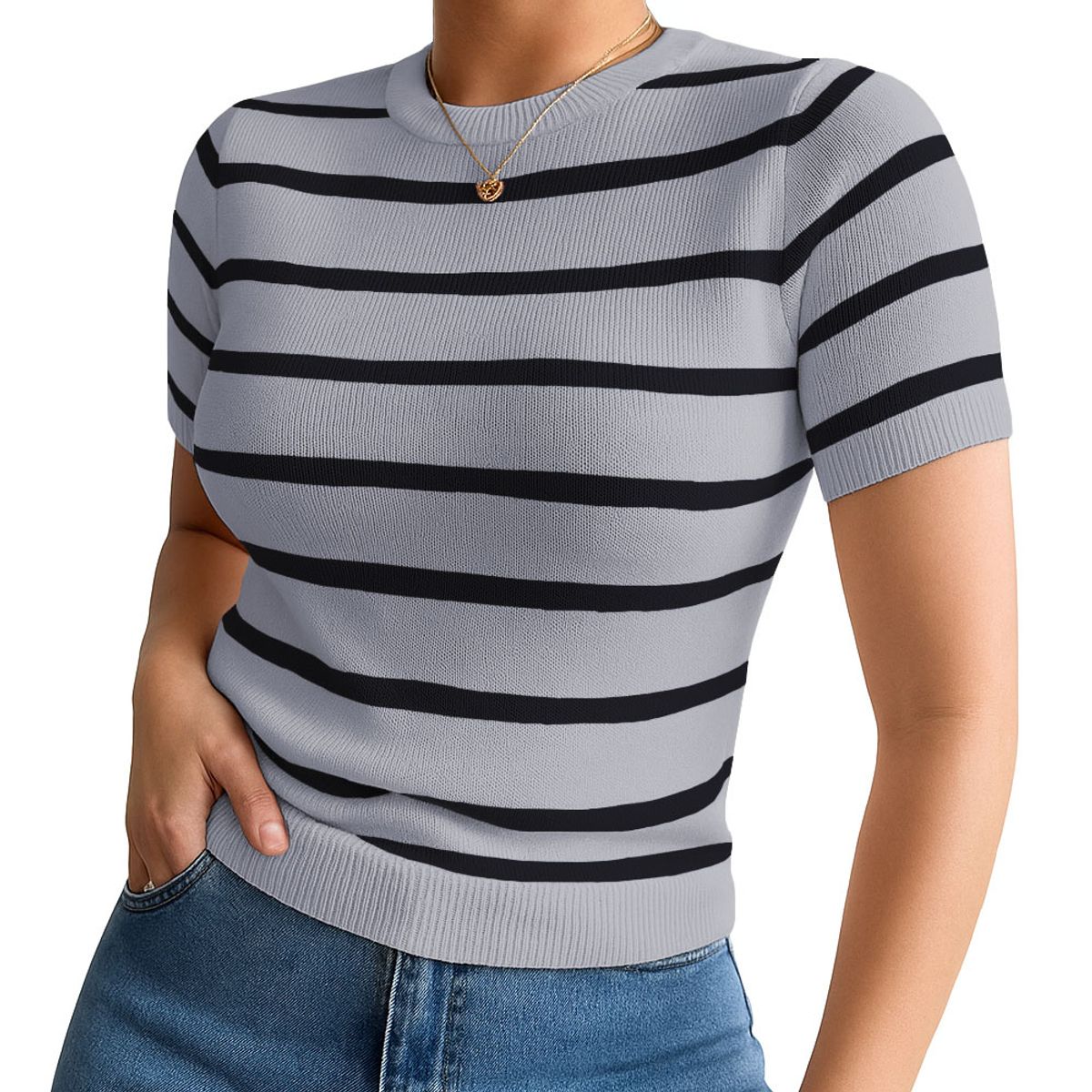 GENERICO - Polo Mujer 359G Ross-17 Polo Rayas Gruesas Manga Corta Hilo Tacto Color Plomo