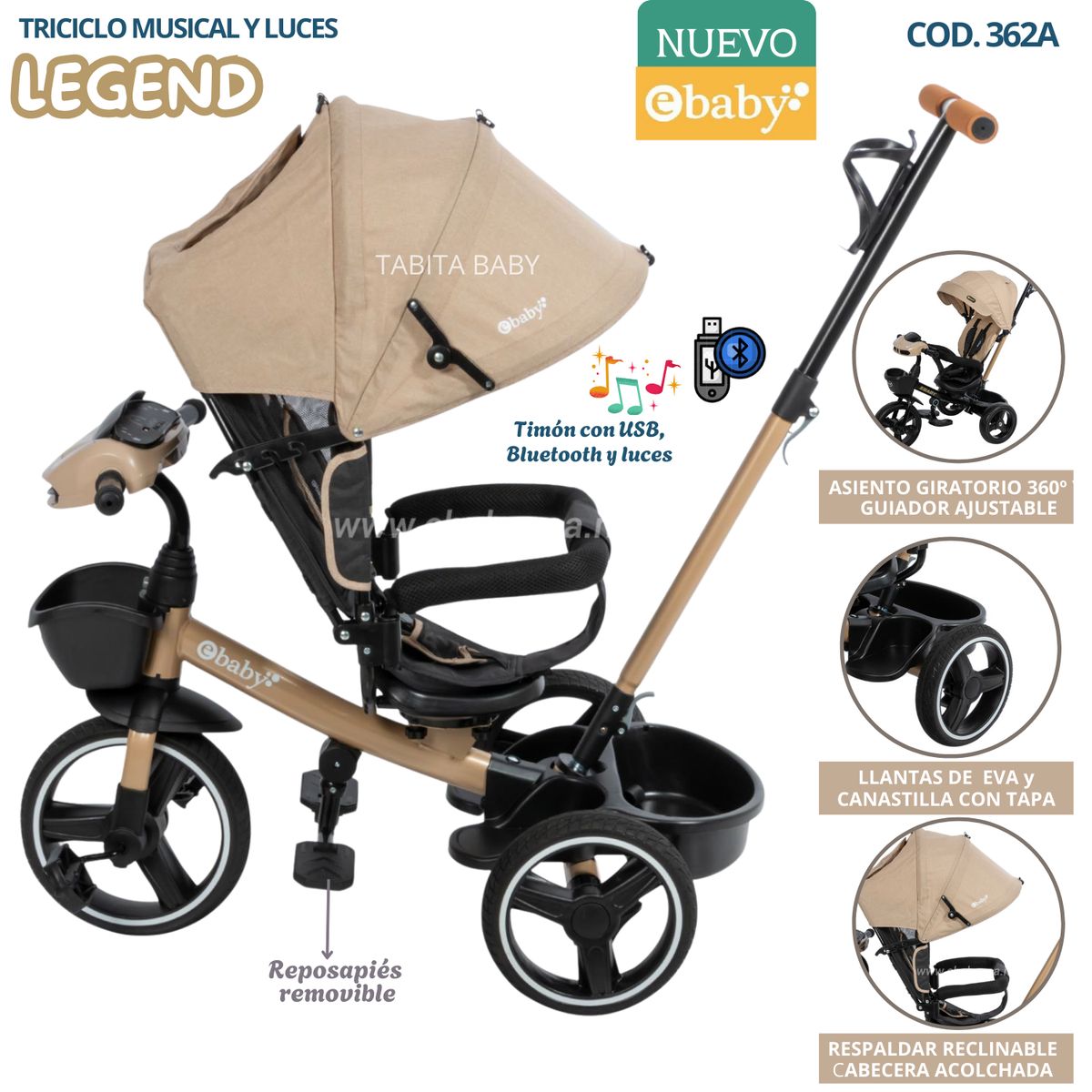 EBABY - Triciclo Musical y luces con Cabecera Acolchada Legend Beige