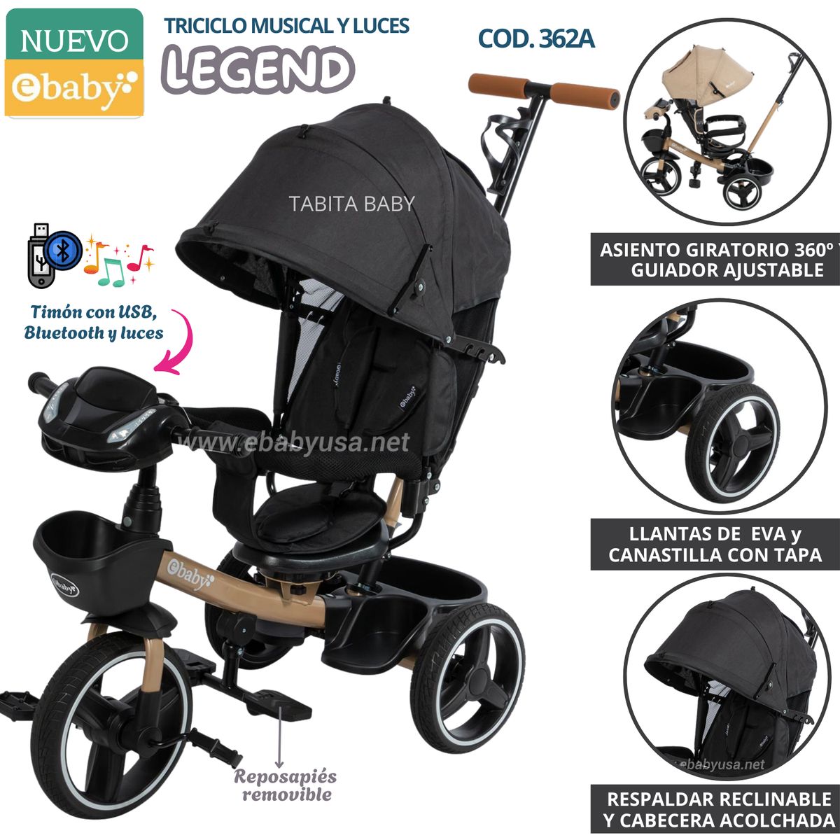 EBABY - Triciclo Musical y luces con Cabecera Acolchada Legend Negro