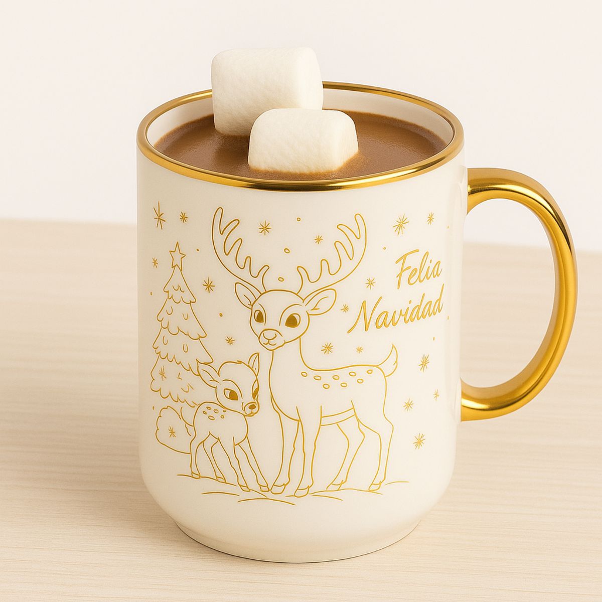 GENERICO - Taza Navideña de Cerámica 450 ml con Diseño Dorado de Renos y Borde Gold Rim Ideal para Regalo