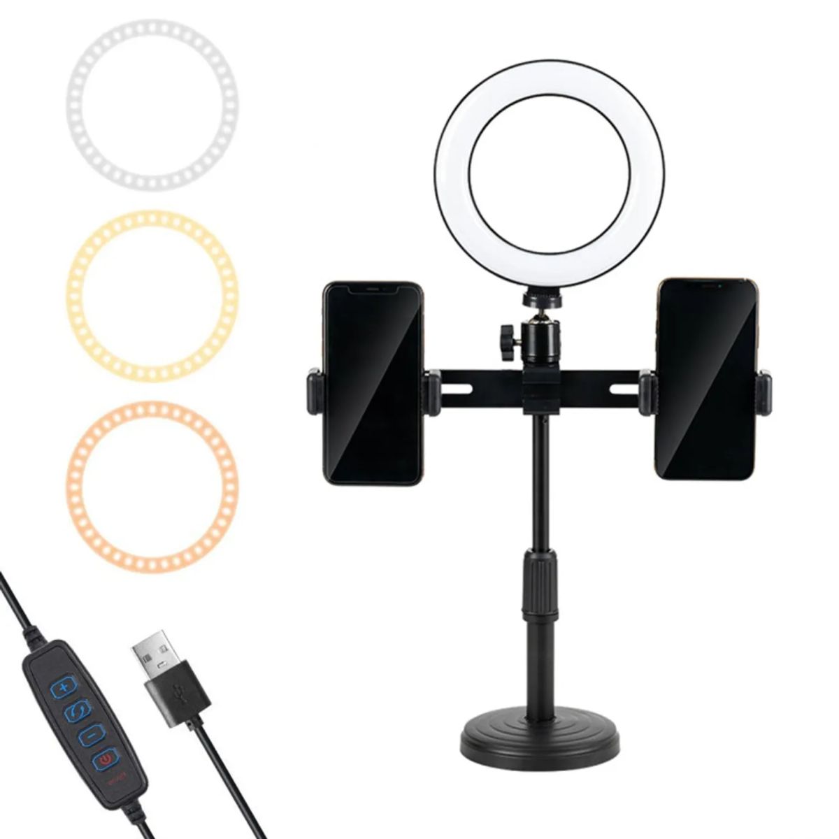 GENERICO - Soporte de Mesa Escritorio para 2 Celulares Aro LED