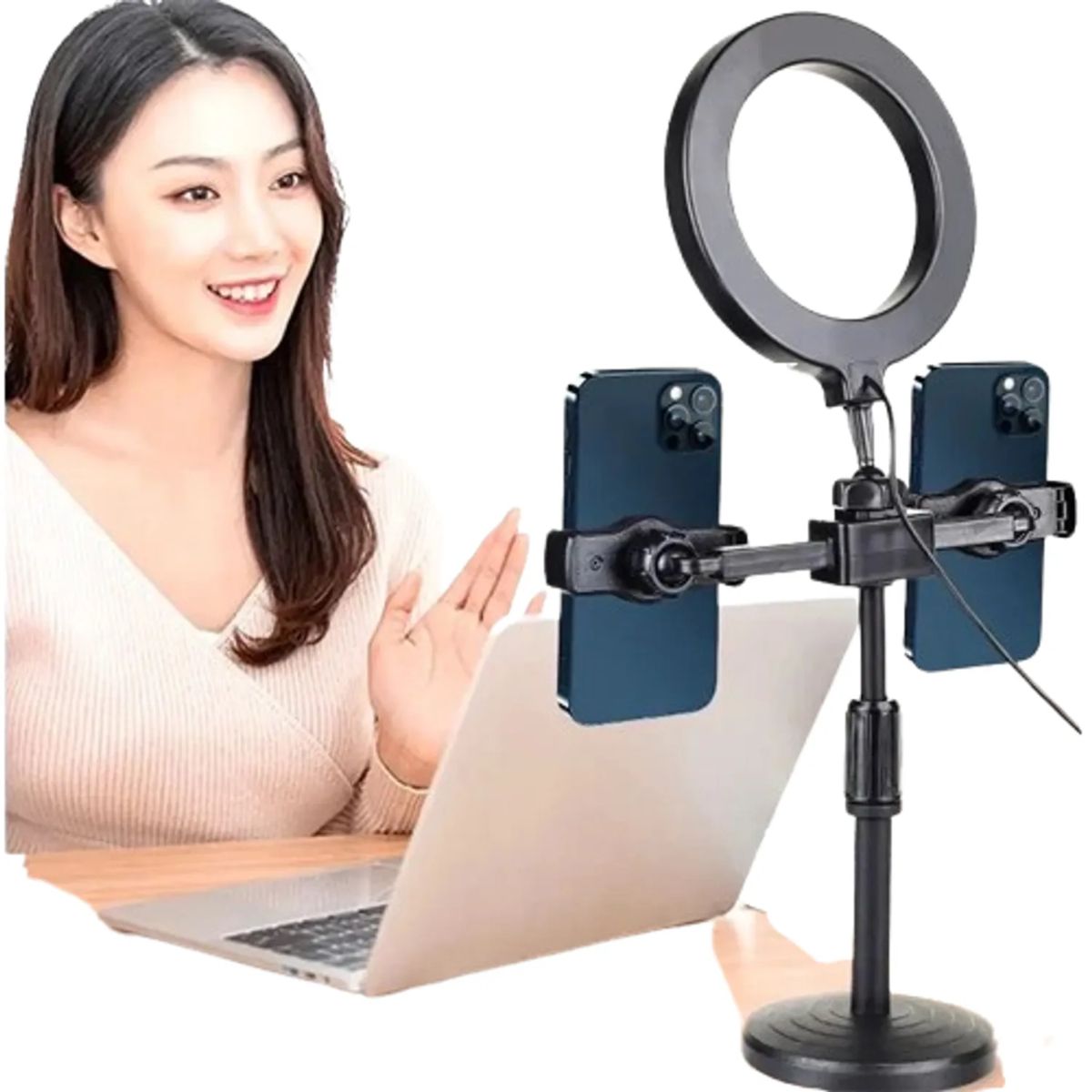 GENERICO - Soporte para 2 celulares con aro led de 10"