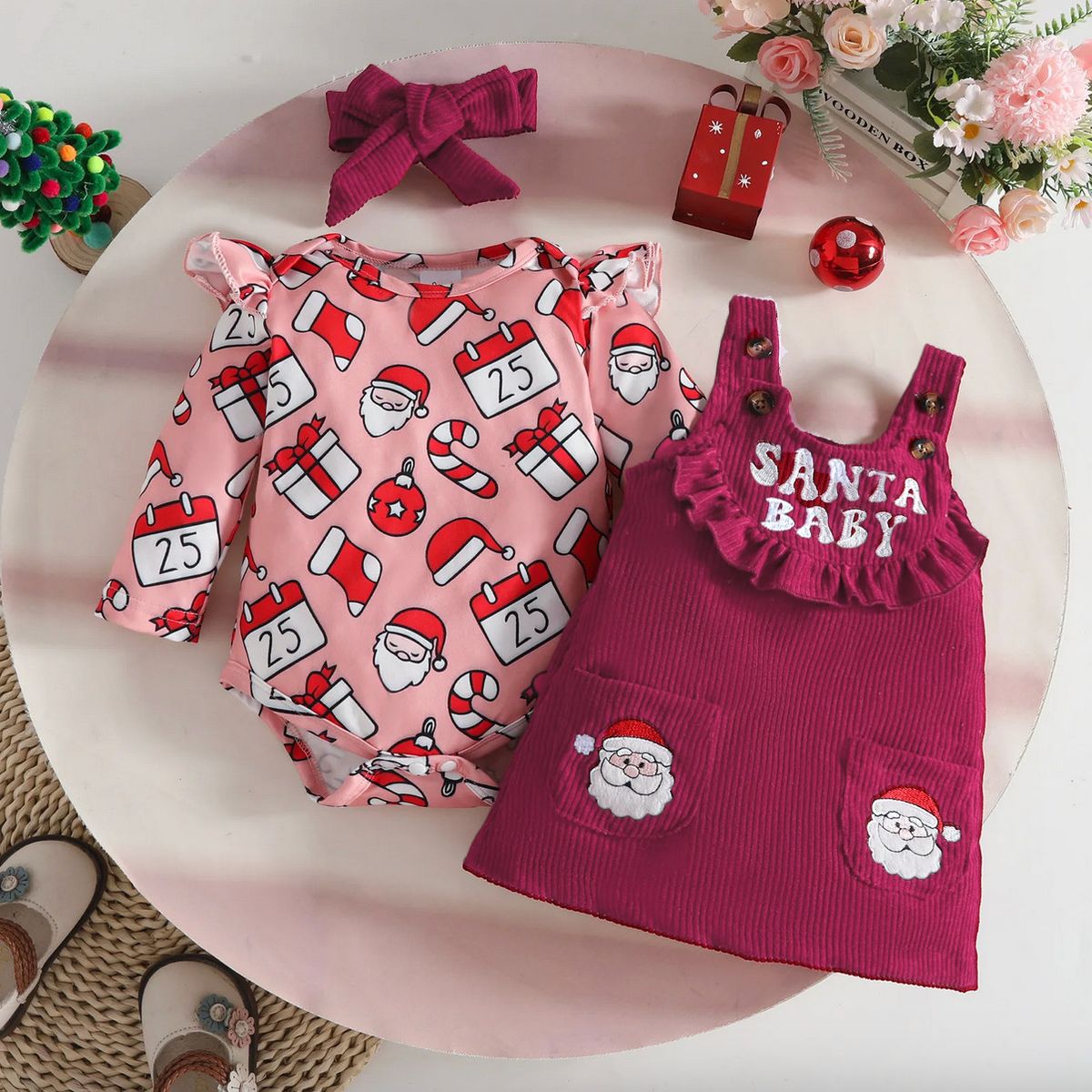 GENERICO - VESTIDO NAVIDAD PARA BEBE- BODDY + OVEROLL + VINCHA