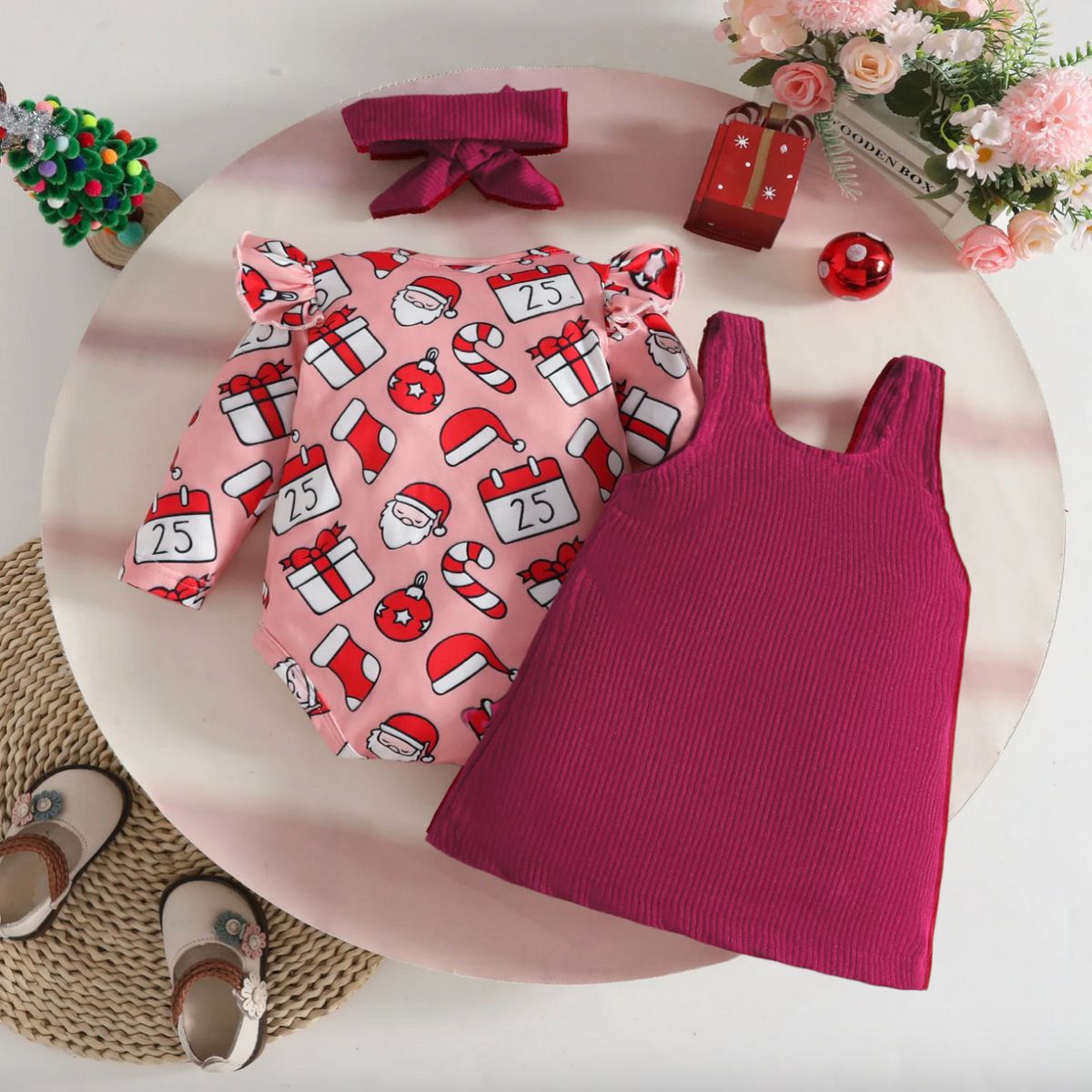 GENERICO - VESTIDO NAVIDAD PARA BEBE- BODDY + OVEROLL + VINCHA