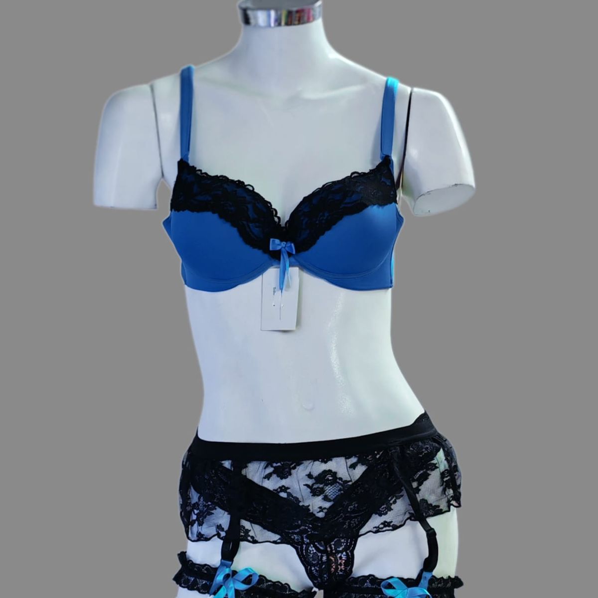GENERICO - Set Conjunto de Encaje 5Pzas  Azul Turqueza  y  Negro  Talla Bra 36b Hilo S portaligas M Dealcoba