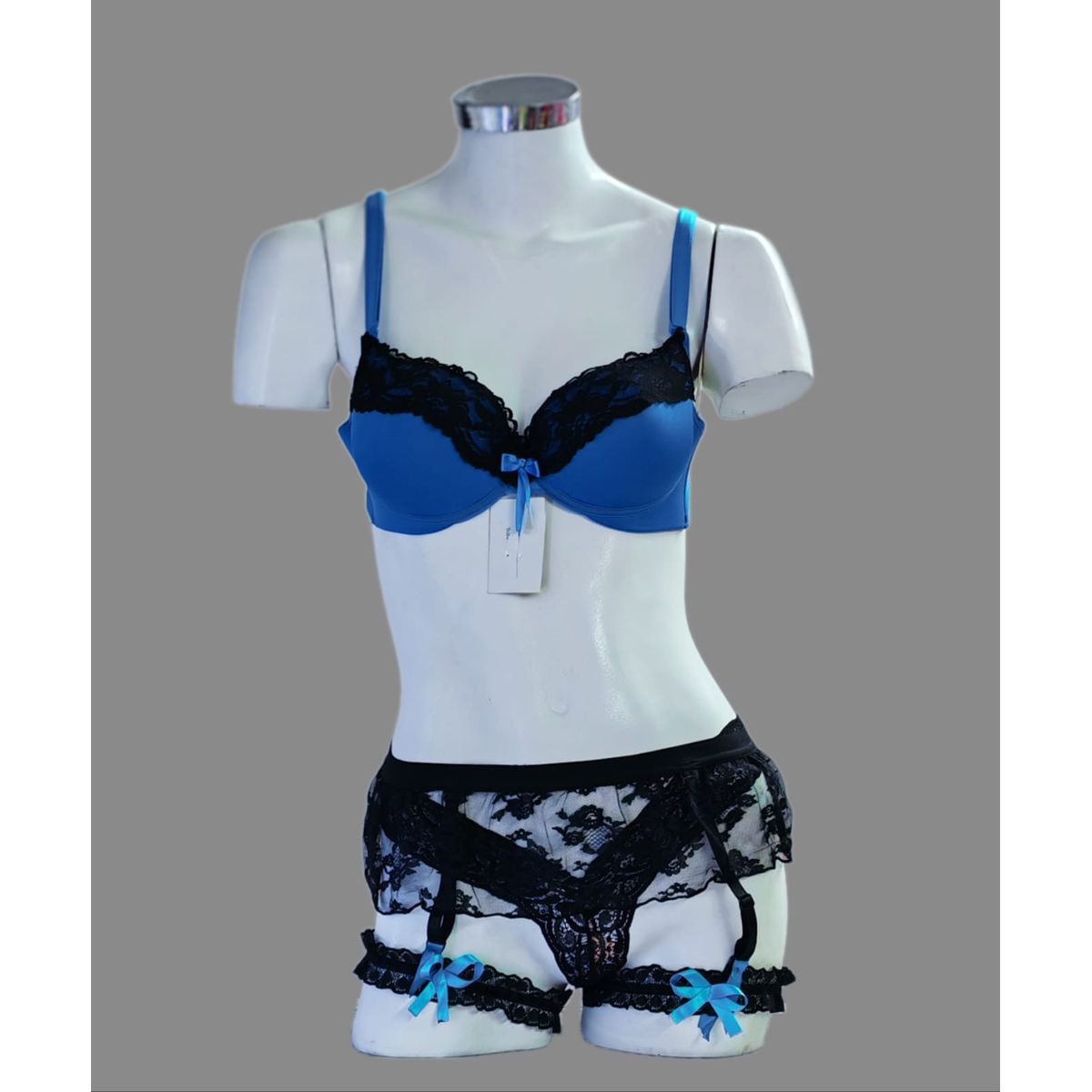 GENERICO - Set Conjunto de Encaje 5Pzas  Azul Turqueza  y  Negro  Talla Bra 36b Hilo S portaligas M Dealcoba