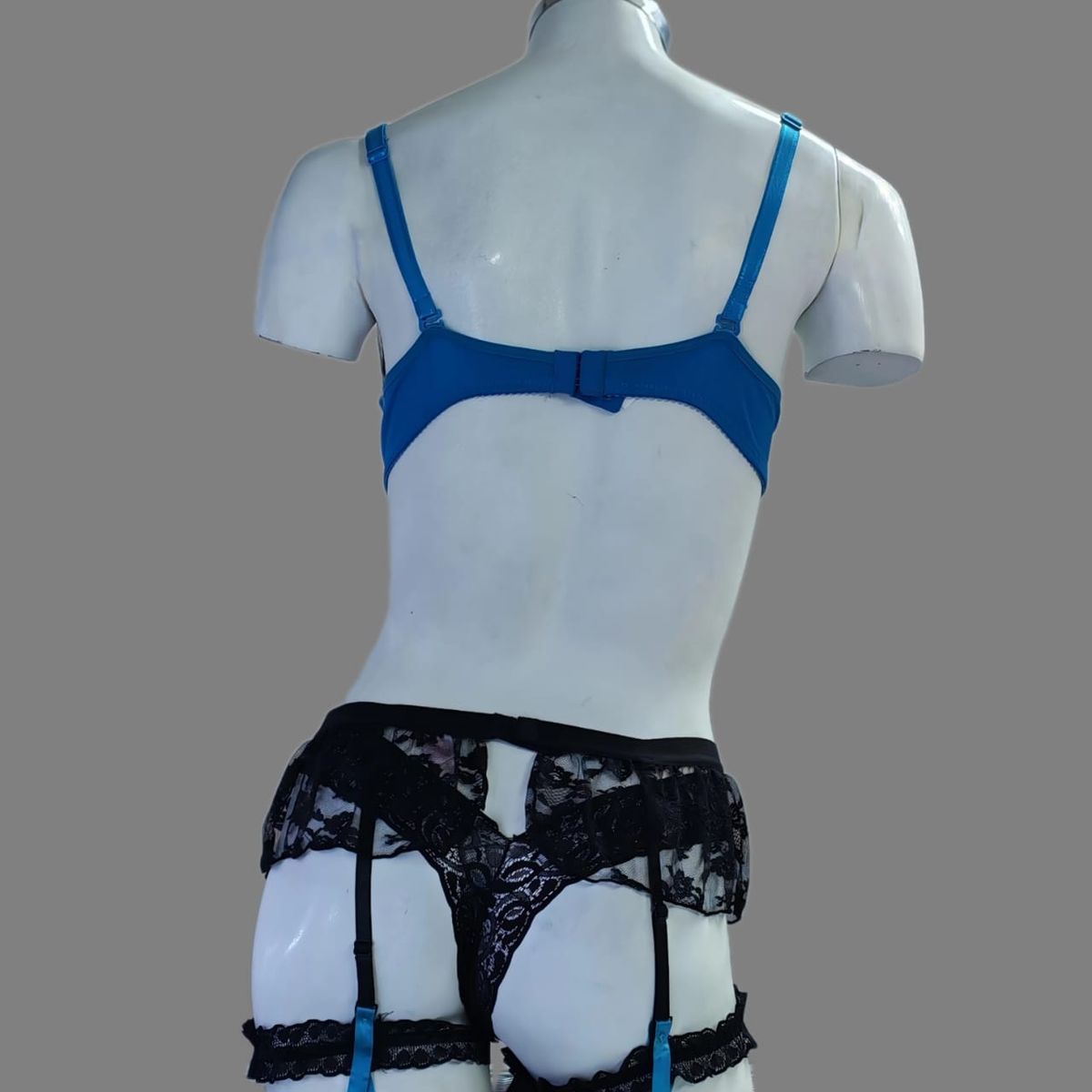 GENERICO - Set Conjunto de Encaje 5Pzas  Azul Turqueza  y  Negro  Talla Bra 36b Hilo S portaligas M Dealcoba