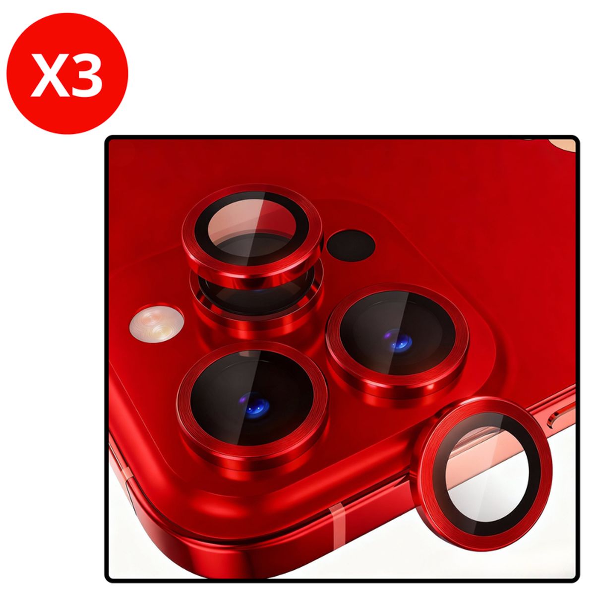 SHIELD - Pack x3 Mica Protector de Cámara Individuales Metálico Rojo para iPhone 13 Pro