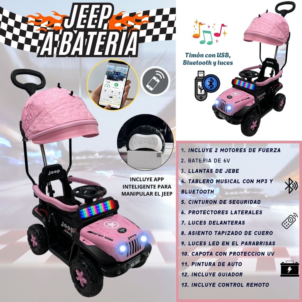 STOKKER BABY - Carrito Inteligente JEEP Batería Musical y Luces para niños Rosado