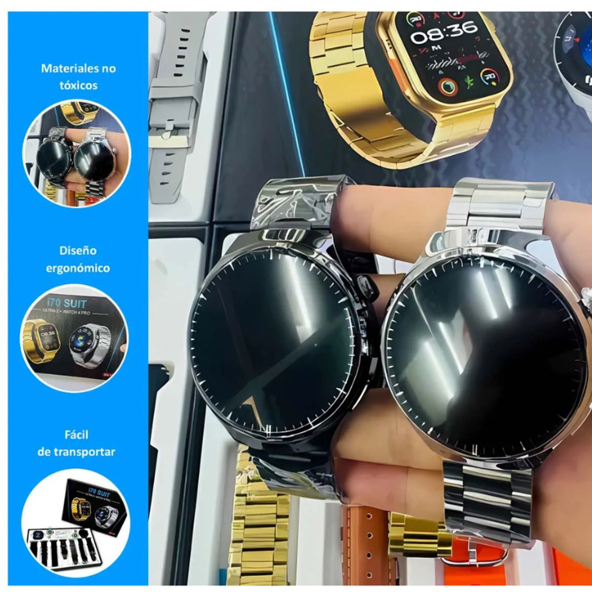 GENERICO - Smartwatch I70,  Watch 4 PRO Suit  + Ultra 2 + 7 Correas, plata