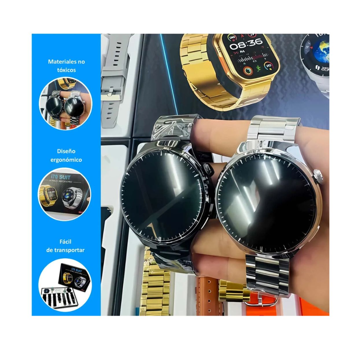 GENERICO - Smartwatch I70,  Watch 4 PRO Suit  + Ultra 2 + 7 Correas, plata