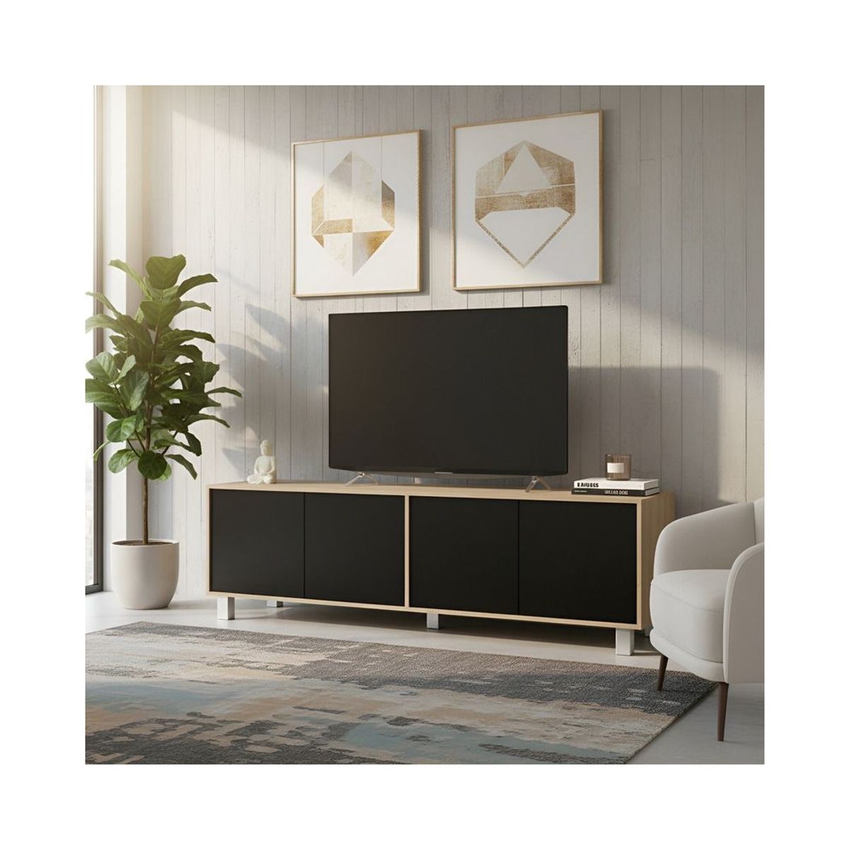 TU MESITA - Mesa de TV Silver con 4 Puertas y Canto Grueso Color NegroPanela TU MESITA