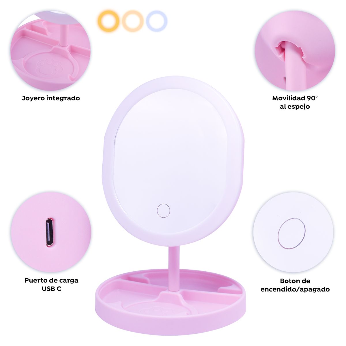 BELLESPA COSMETICS - Espejo de Tocador Vanity Led Rosado