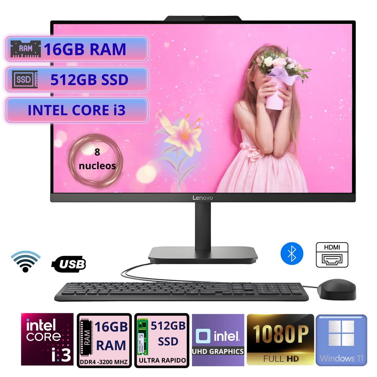 LENOVO - All-in-one Lenovo V100 238 FHD IPS Core i3 N305 hasta 38GHz 16GB RAM