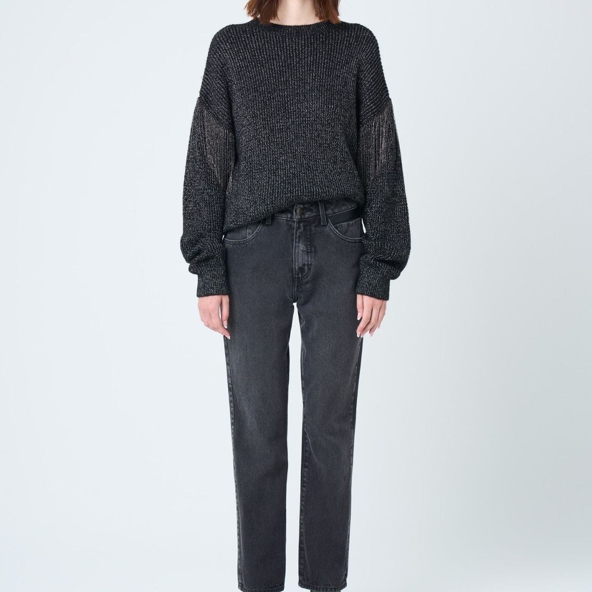 VELEZ - Vélez Jean Vega En Black Denim Mujer Detalle Cuero Negro