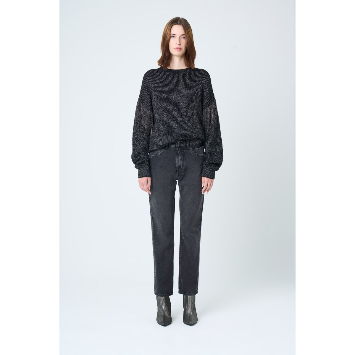 VELEZ - Vélez Jean Vega En Black Denim Mujer Detalle Cuero Negro