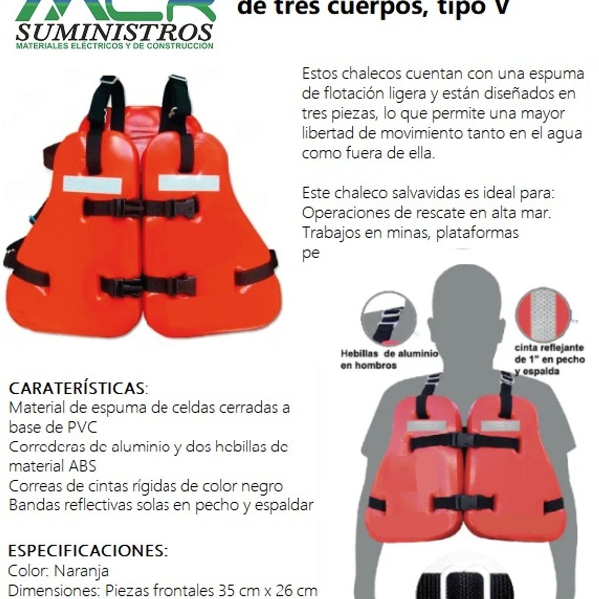 GENERICO - CHALECO SALVAVIDAS DE 3 CUERPOS DE USO PARA PLATAFORMAS PETROLERAS, MUELLES Y EMBARCACIONES