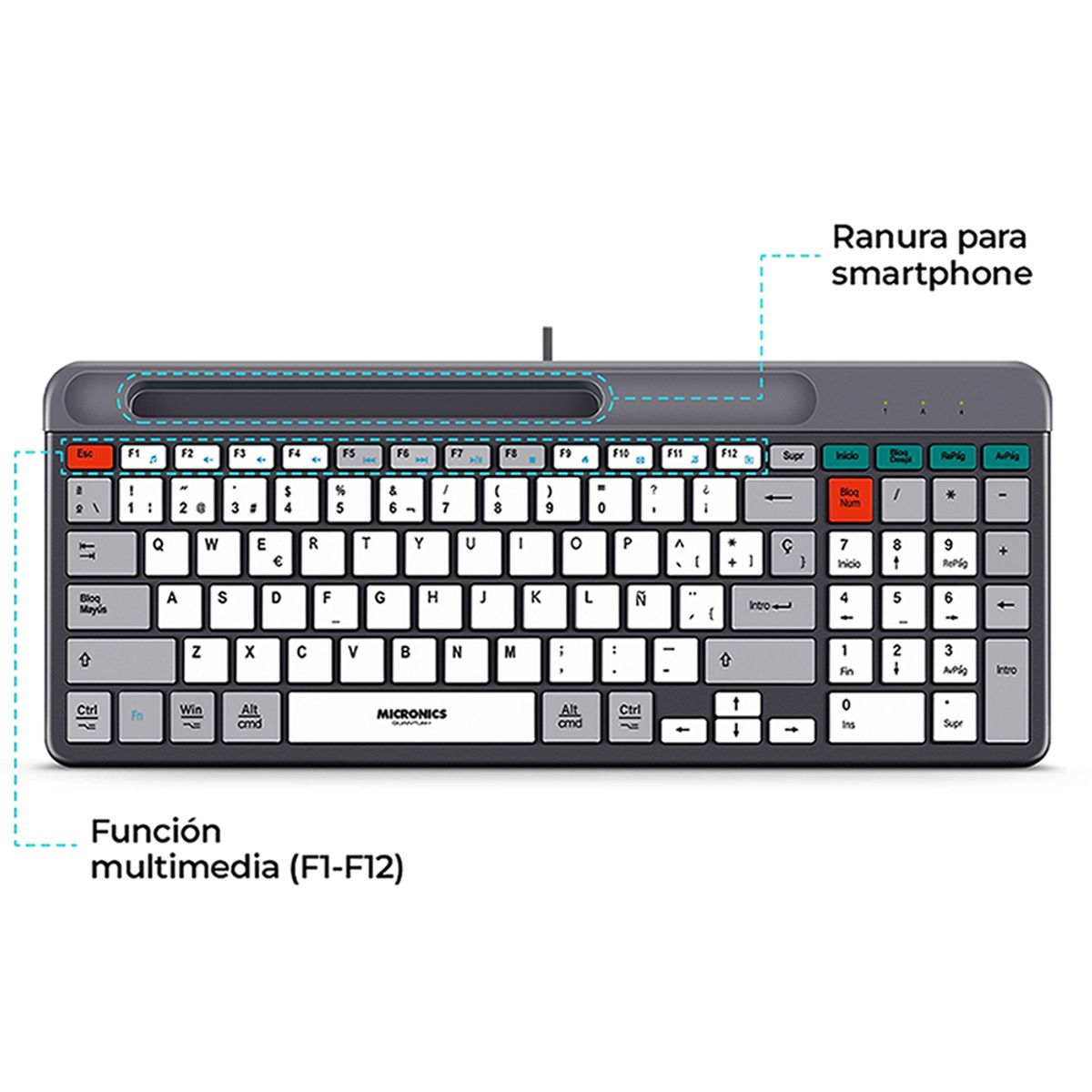 MICRONICS - Teclado Multimedia Oficina Alambrico Micronics Quantum MIC K600