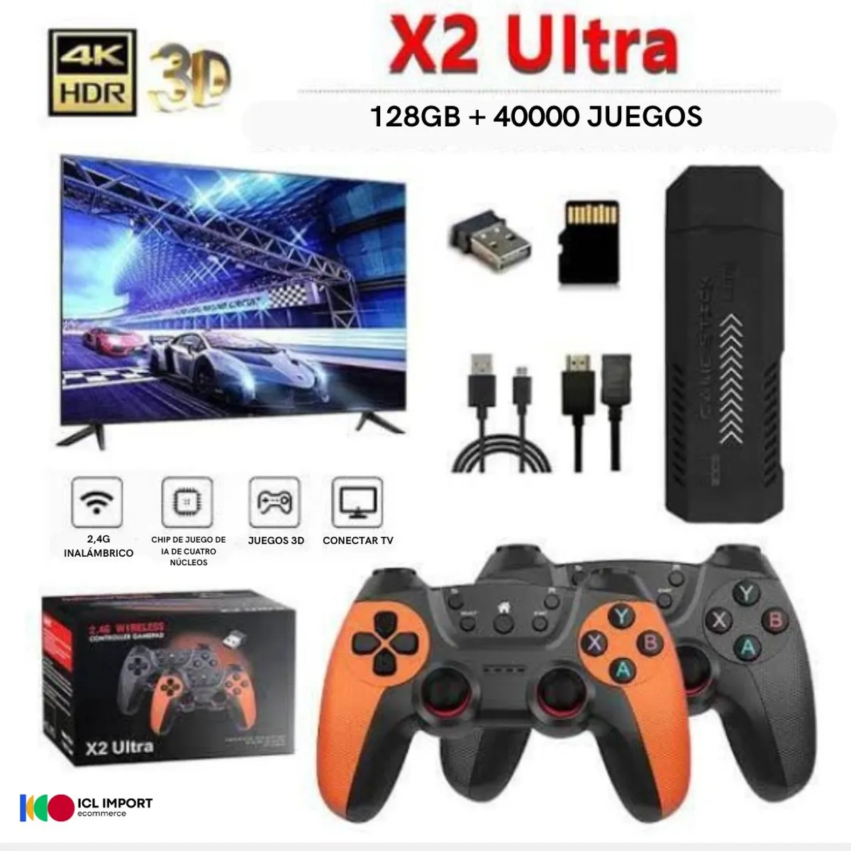 OEM - Consola  X2 Ultra con doble mando inalámbrico, 4K, HD, 40.000 juegos, 128 GB
