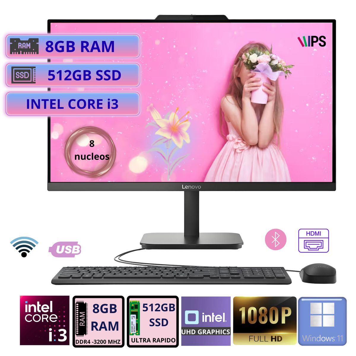 LENOVO - All-in-one Lenovo V100 238 FHD IPS Core i3 N305 hasta 38GHz 8GB RAM