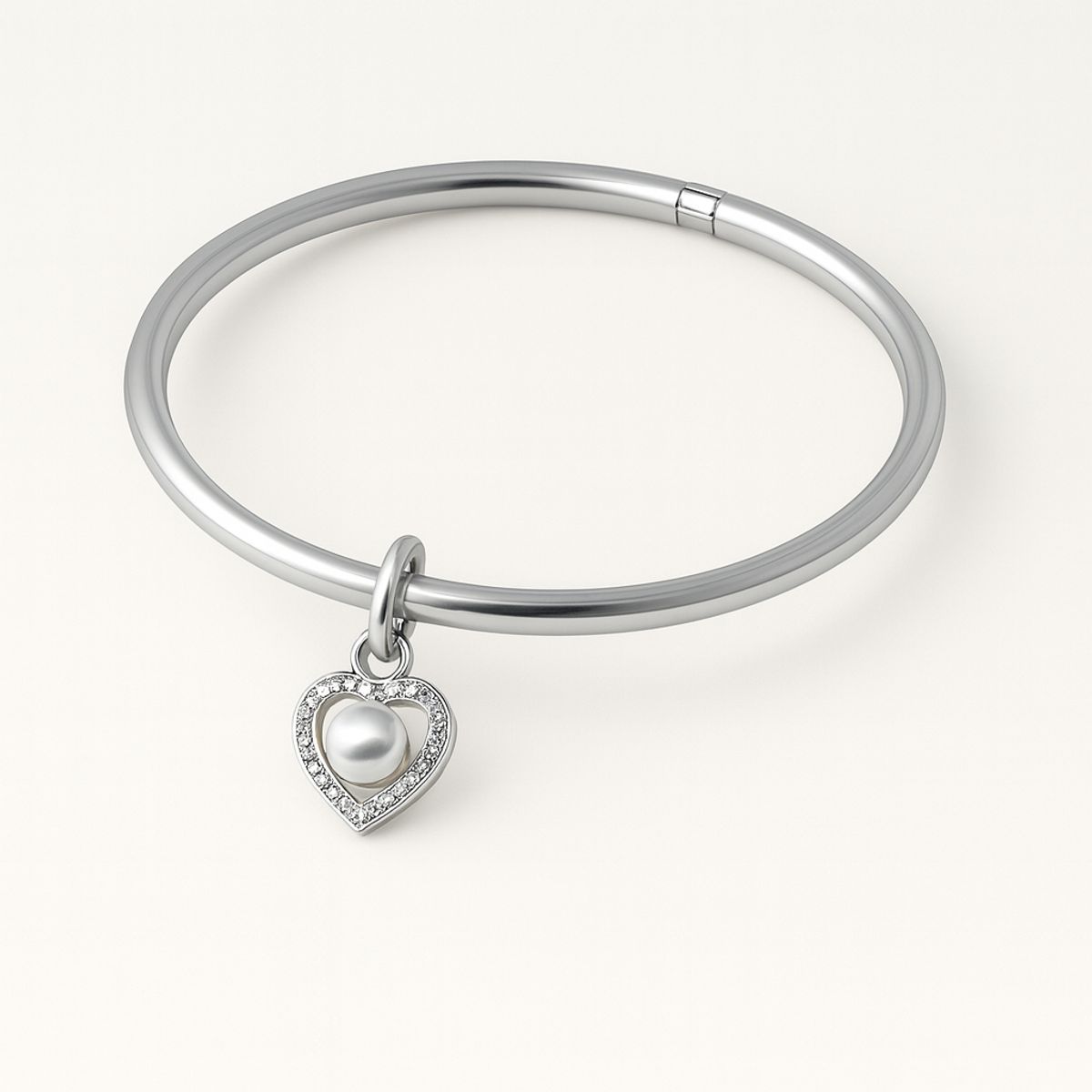 GENERICO - Pulsera Bangle Charm Corazón Perla Mujer Acero Inoxidable