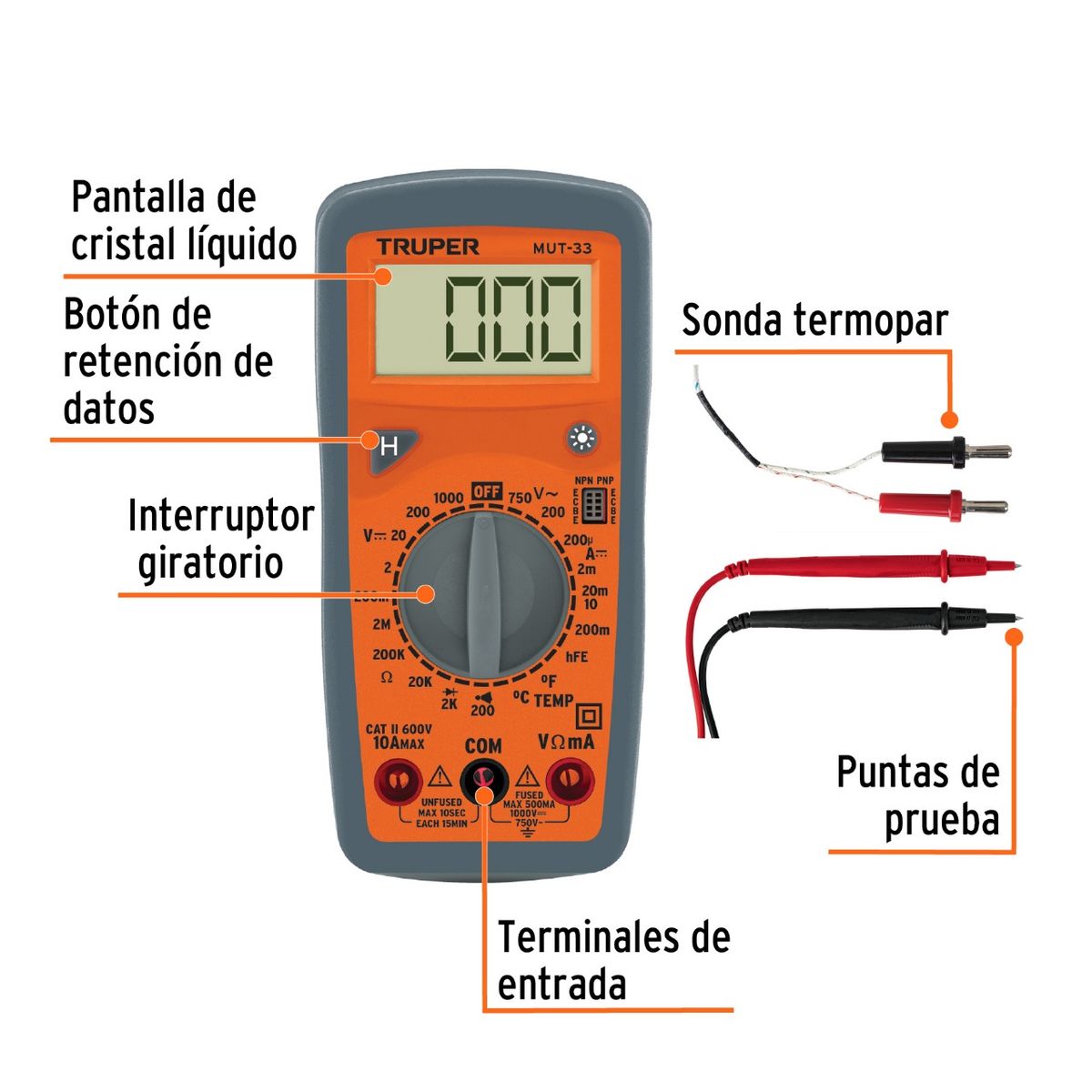 TRUPER - Multimetro Digital Truper MUT-33 750v AC-1000V DC- Prueba de diodos transistores y temperatura