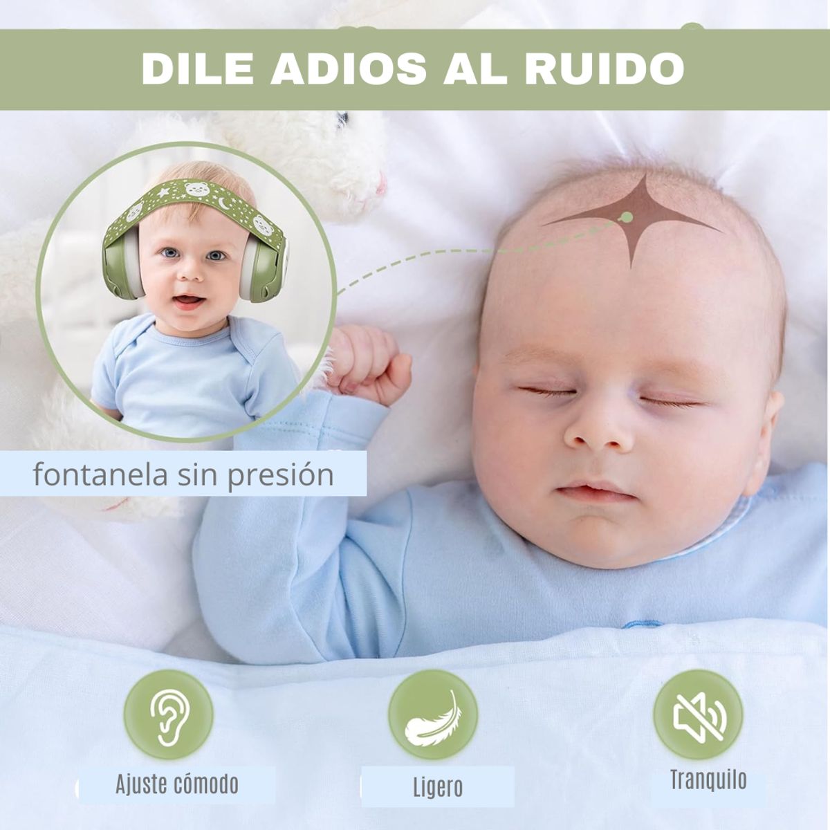 GENERICO - Audifonos Antiruido Orejeras Bebés 1-18 Meses Con Vincha Ajustable Verde Oliva - YOMA