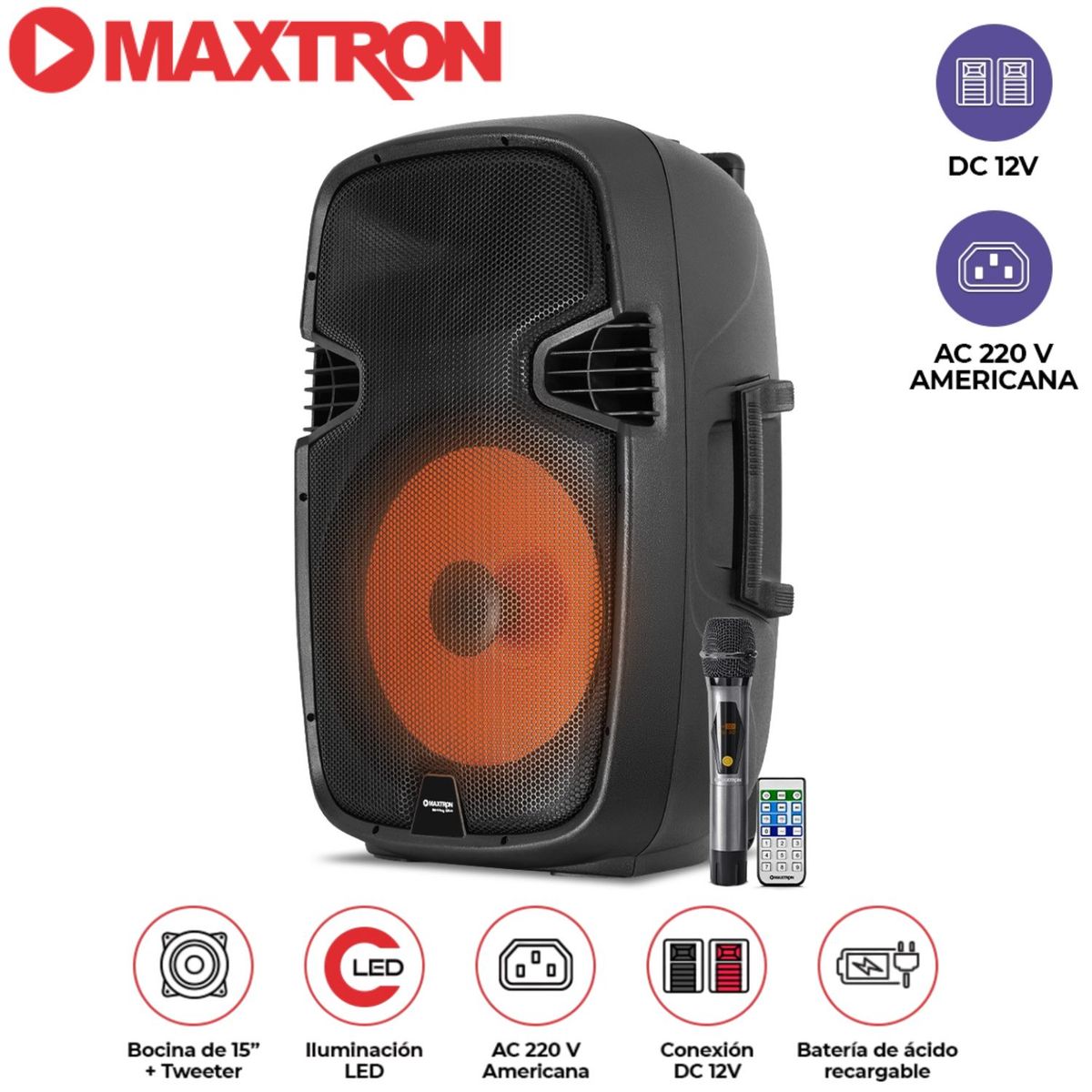 MAXTRON - Parlante Maxtron MX1550V MERKURY ULTRA con Boufer de 15 Pulg, USB BT TWS 02 Micrófonos