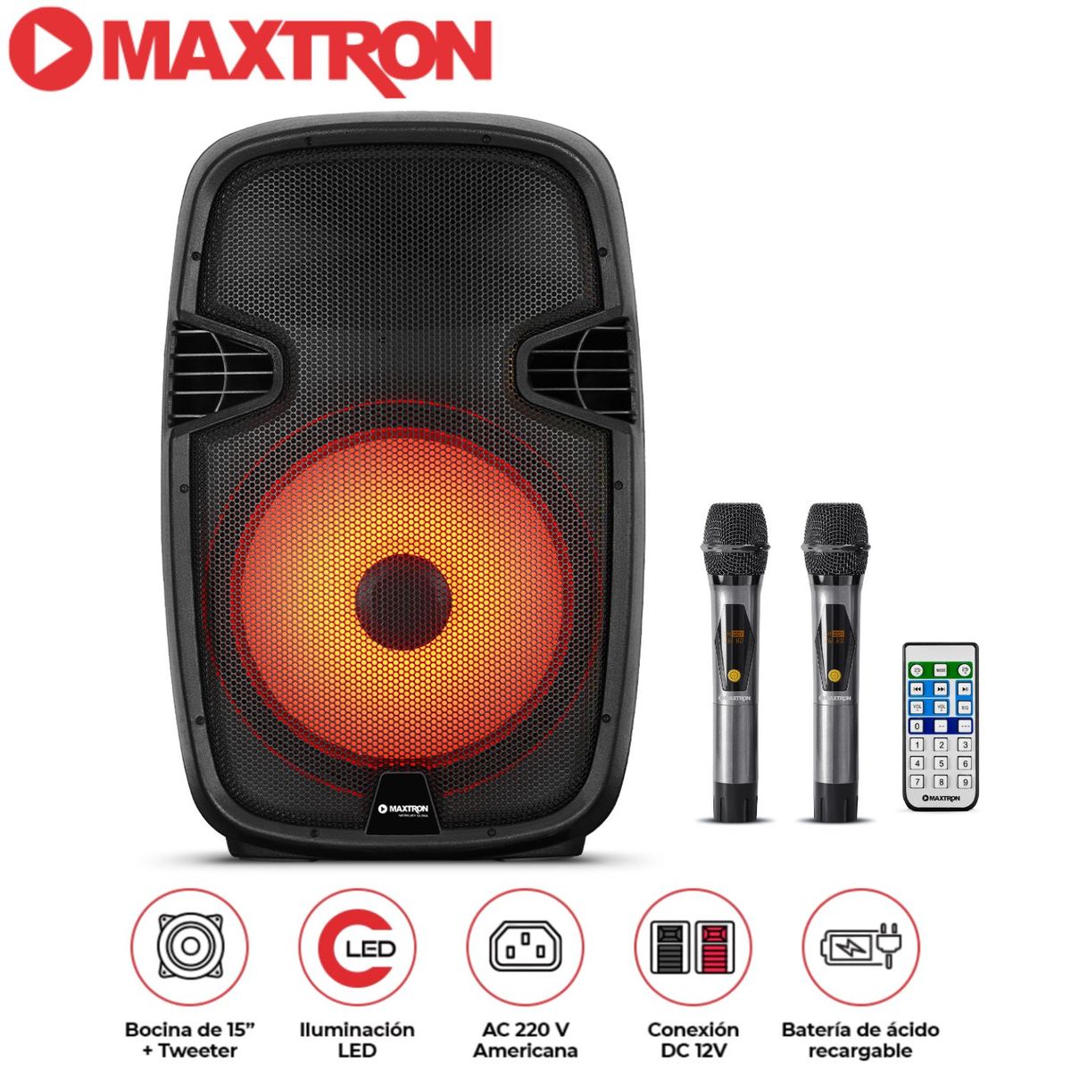 MAXTRON - Parlante Maxtron MX1550V MERKURY ULTRA 15" USB BT TWS Entrada AC 220V 2 micrófonos inalámbricos