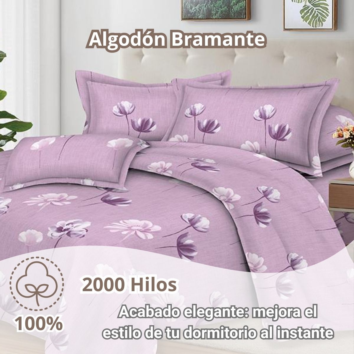 PENTHA - Juego de Sábanas 100% Suave Algodón 2Plazas 4 Piezas 2000 Hilos Jardín Violeta