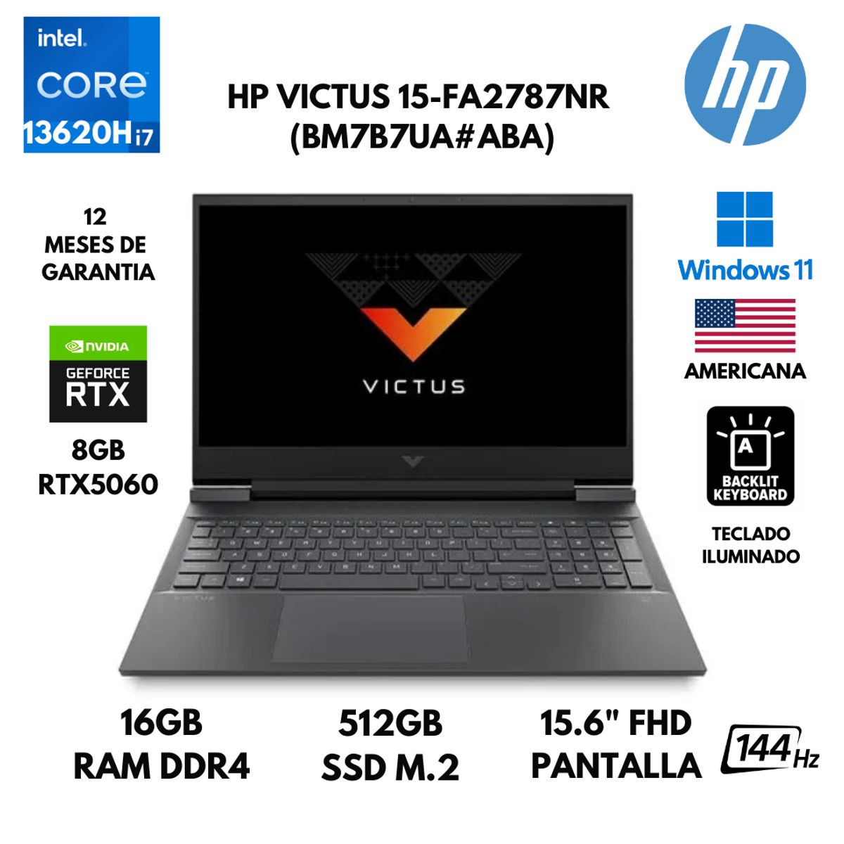 HP - LAPTOP HP VICTUS 15-FA2787NR CORE I7-13620H 16GB RAM DDR4 512GB SSD 8GB RTX5060 15.6 FHD AMERICANA