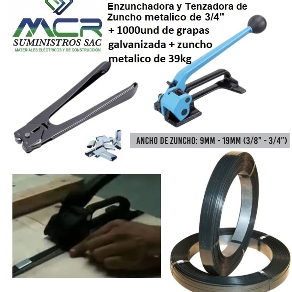 GENERICO - Enzunchadora sellador y Tensionador para Zuncho metalico 3/ 4 pulgadas + GRAPAS +FLEJE