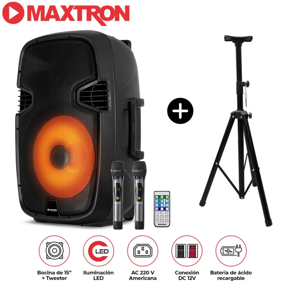MAXTRON - Parlante Portátil Maxtron MX1550V Full Fiesta 15" 2 micrófonos inalámbricos + Soporte