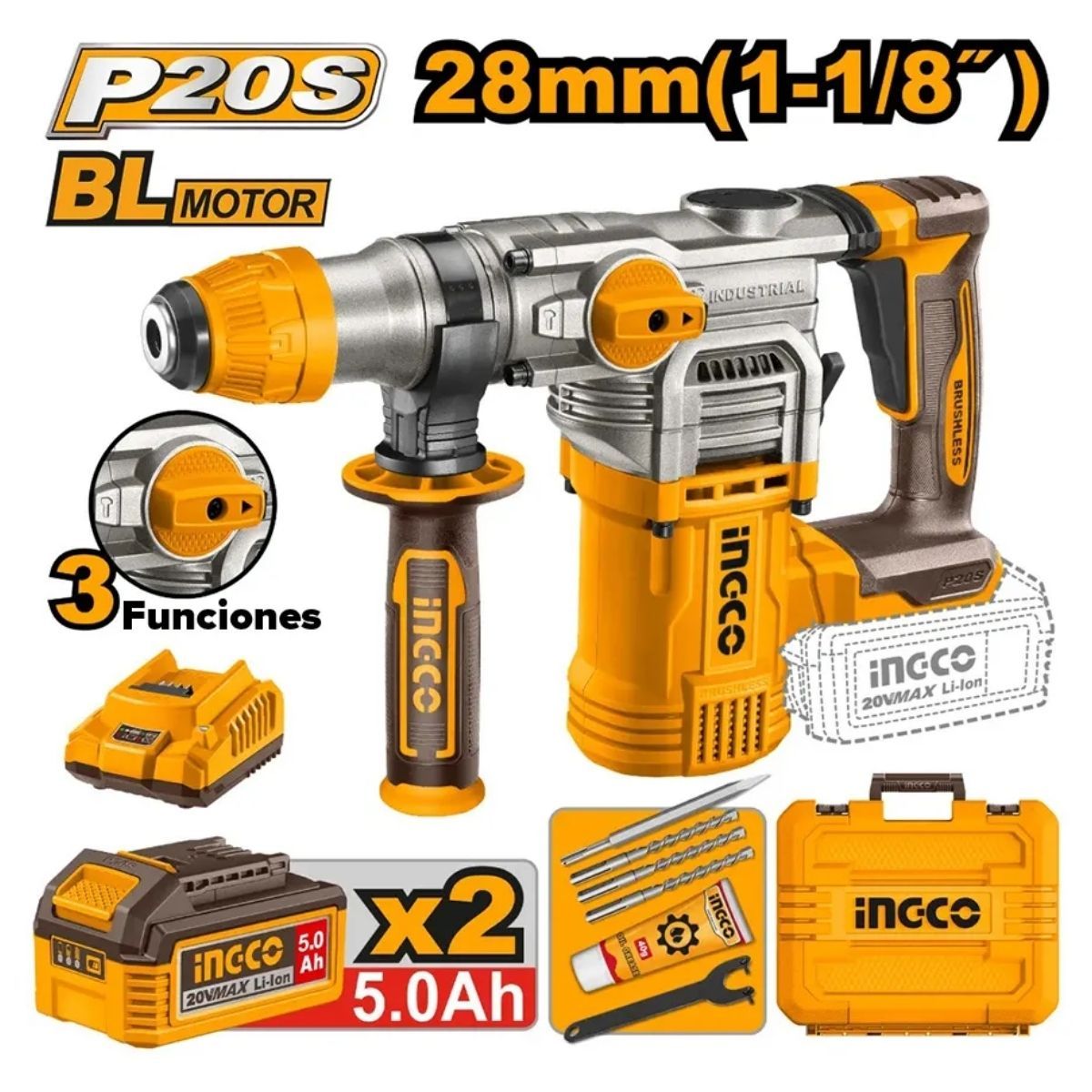 INGCO - Rotomartillo INGCO 20V SDS Plus  4.5J con 2 Baterías 5Ah CRHLI202885